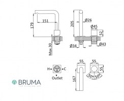 MEDIDAS MONOMANDO LAVABO CON MANDO SEPARADADO LUSA BRUMA